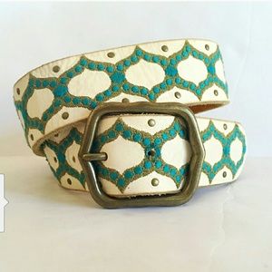 Lucky ivory embroidered blue & green leather belt